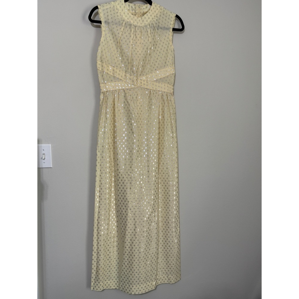 Vtg Yellow Silver Metallic Filigree Mock Neck Maxi Dress Gown MCM regencycore